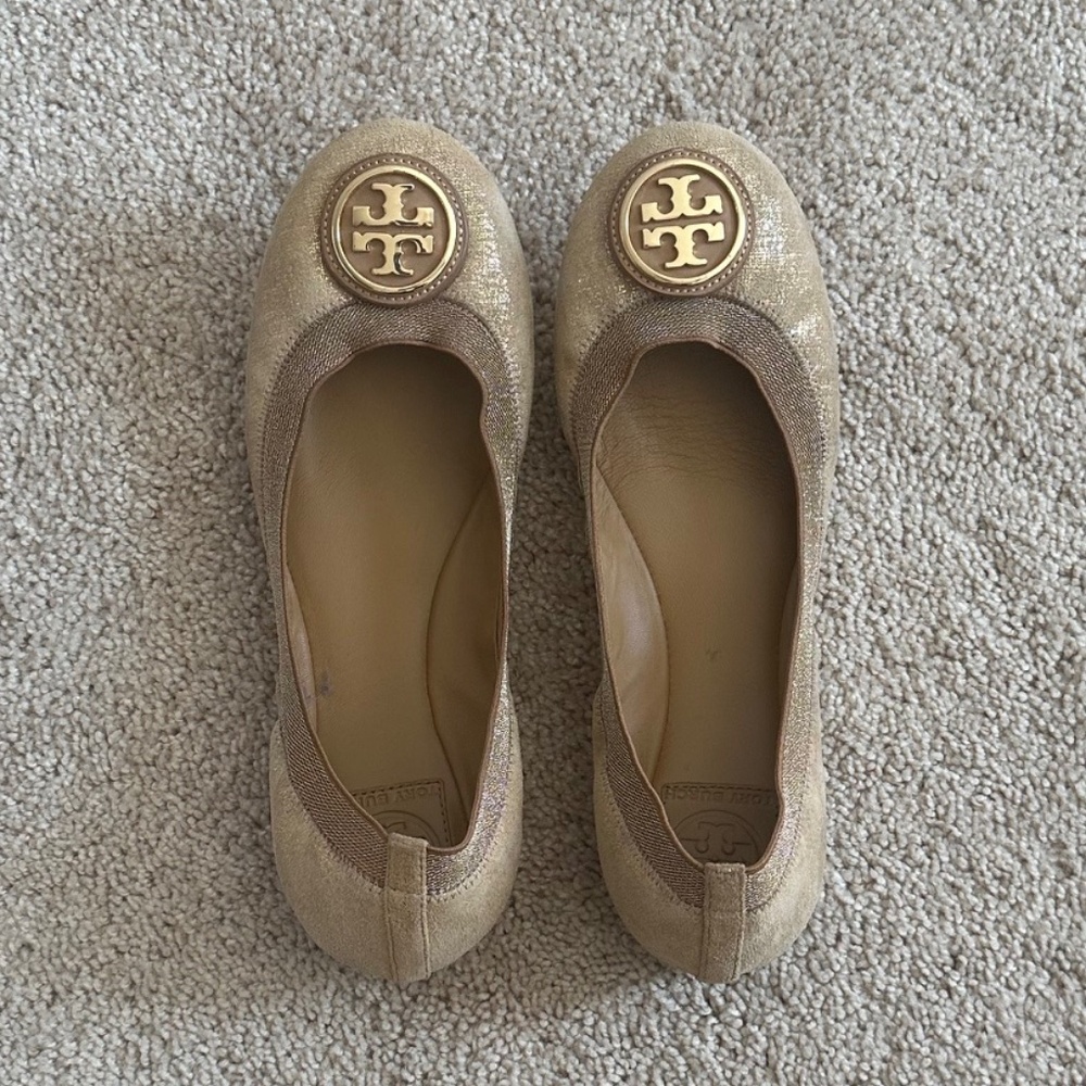 Tory Burch Metallic Gold Elastic Slip On Caroline… - image 1